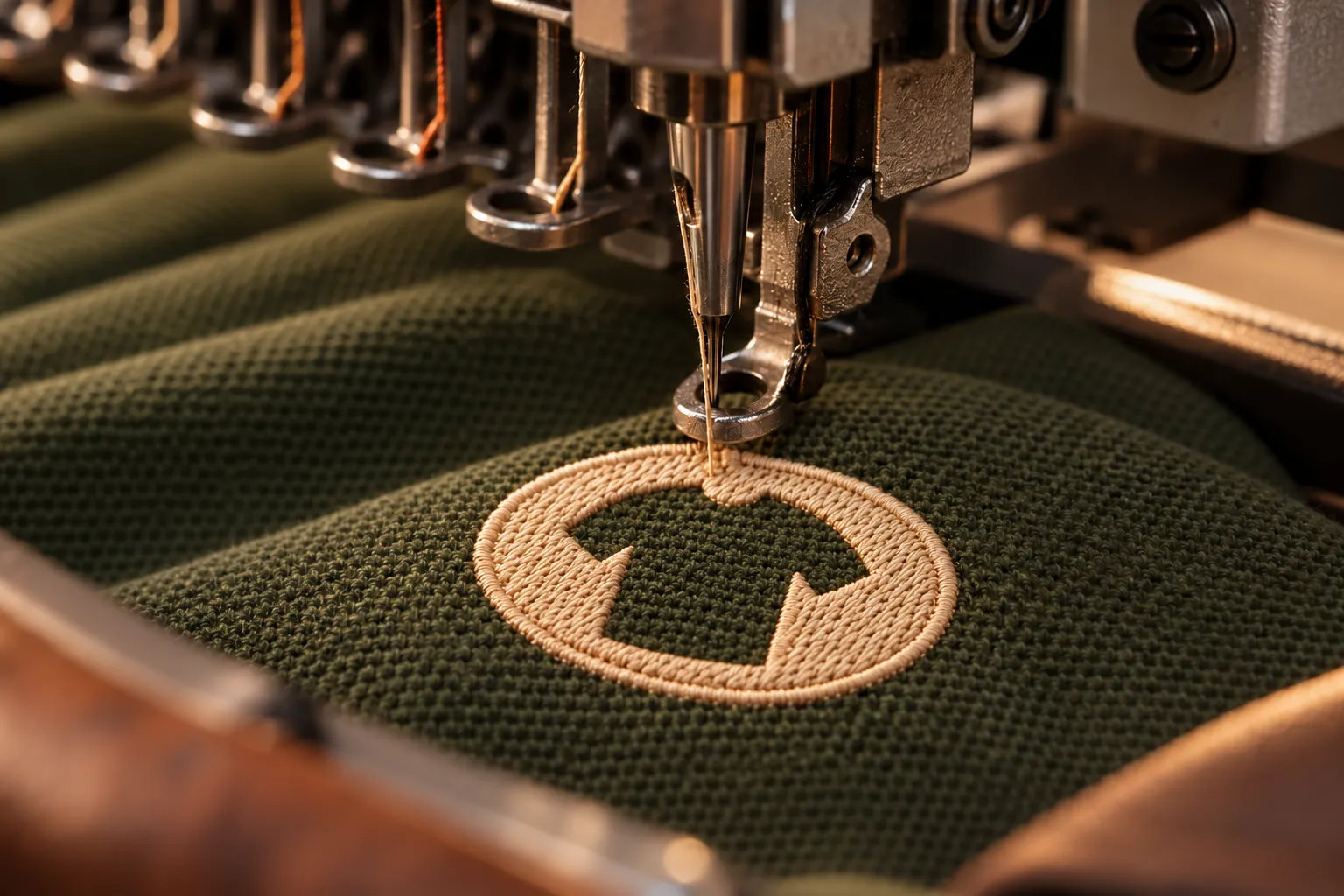 Máquina bordando o símbolo da Factory em tecido verde