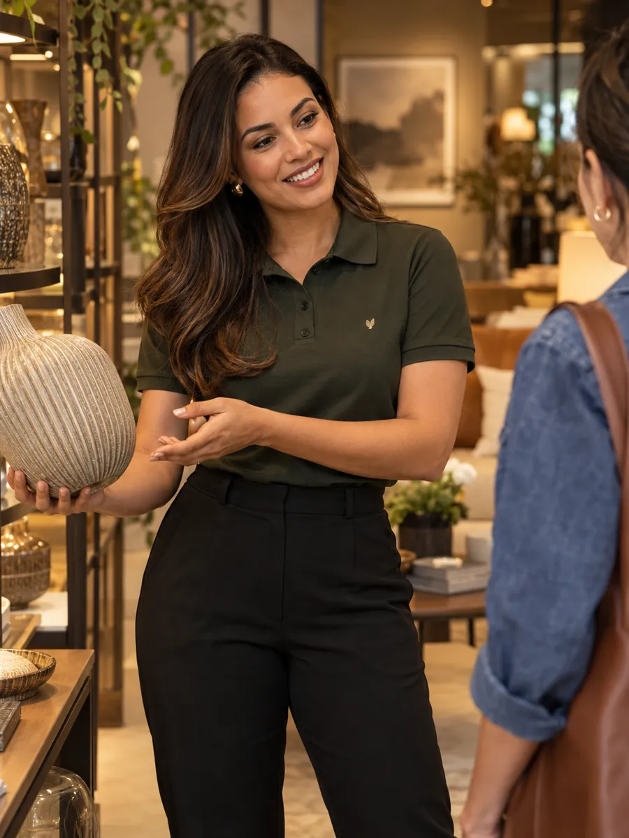 Vendedora com camisa polo bordada