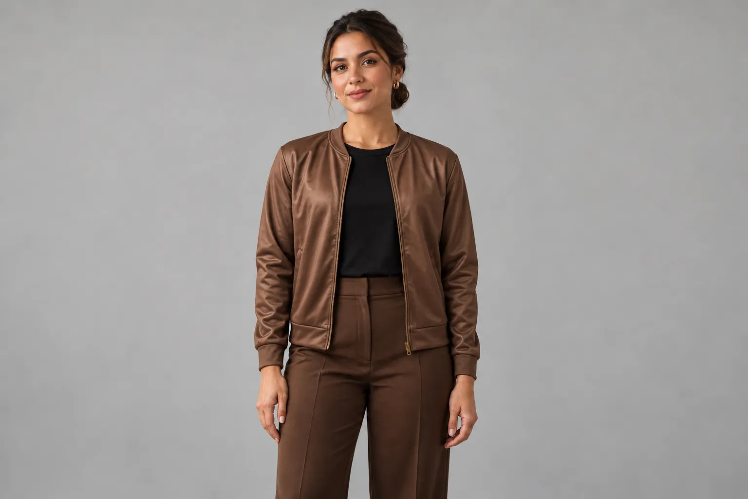 A mesma mulher com a jaqueta Tailoring por cima