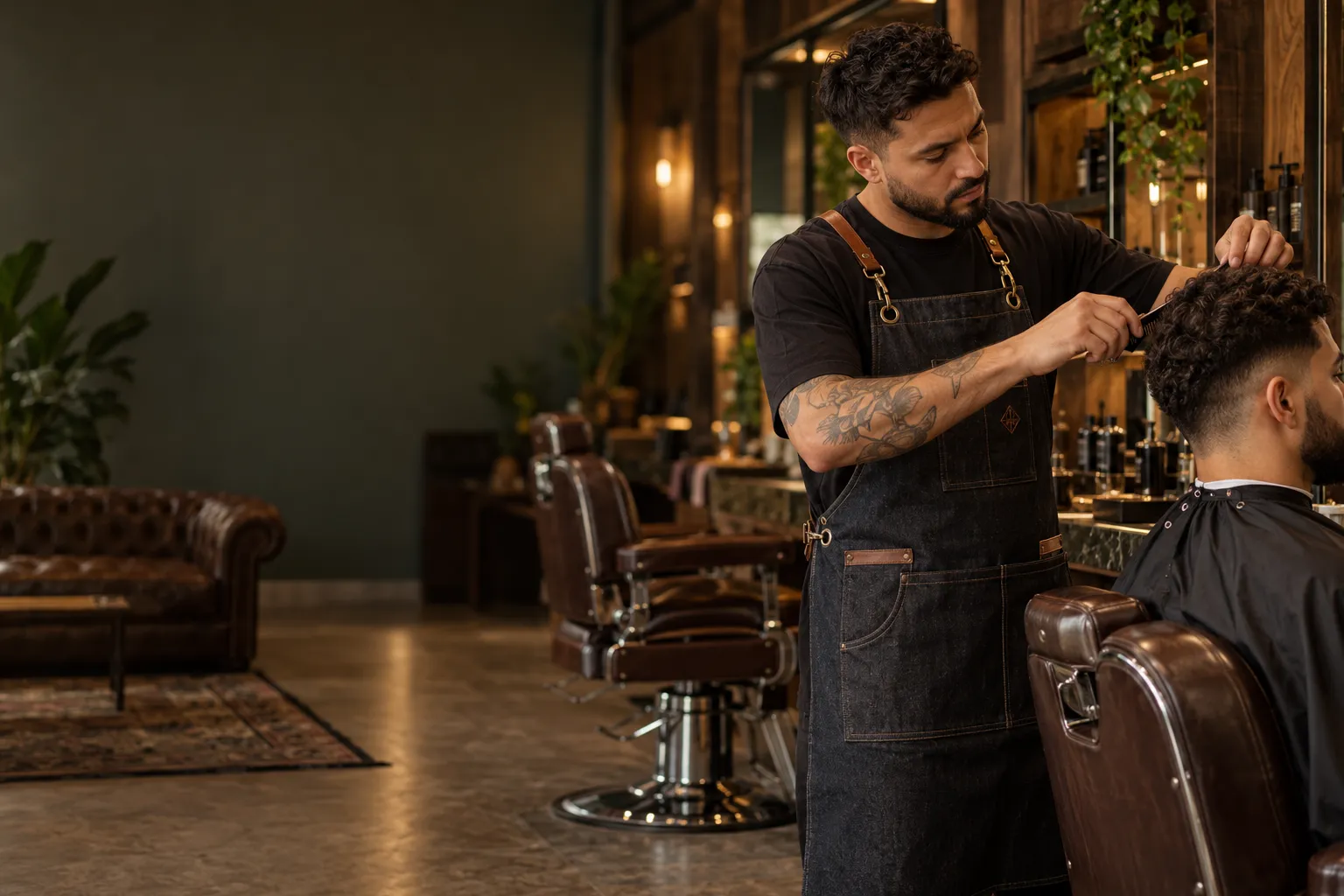 Barbeiro usando avental de jeans com alças de couro enquanto corta o cabelo de um cliente