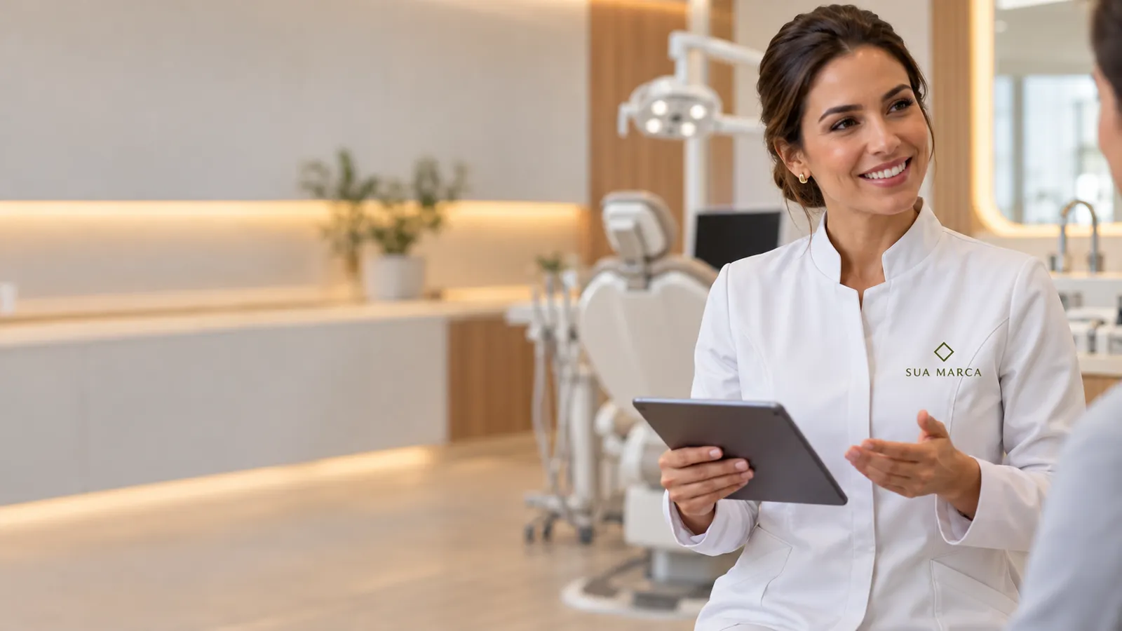 Dentista com jaleco branco bordado com o logo da clínica