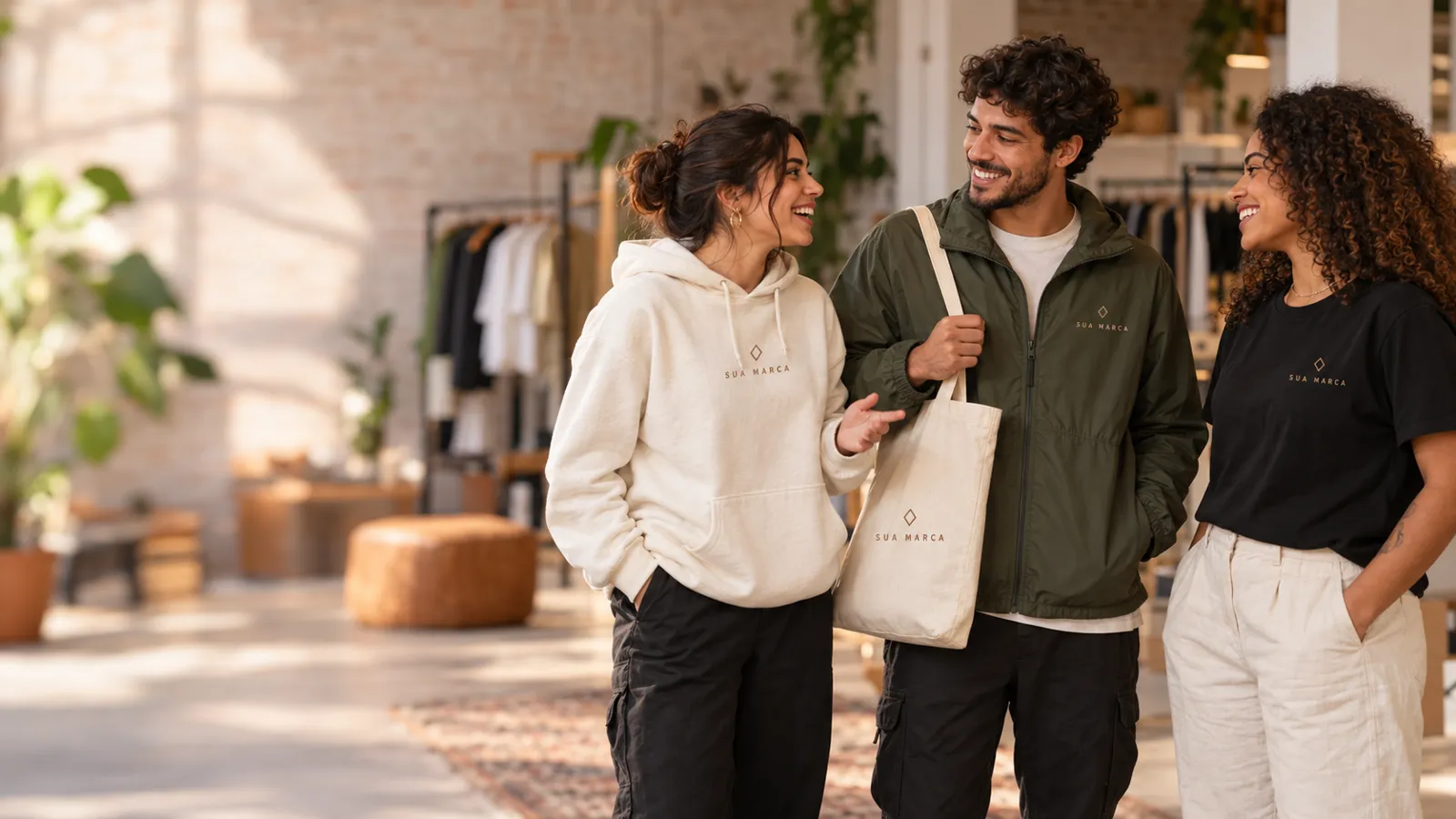 Jovens num estúdio criativo com moletom, jaqueta, camiseta e ecobag com o logo da marca