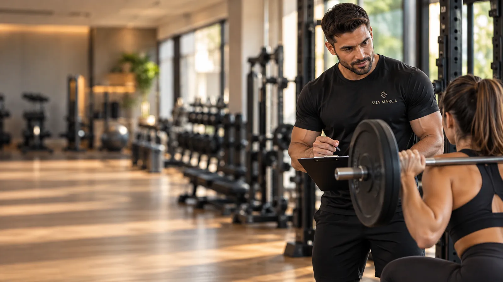 Personal trainer com camiseta dry fit preta bordada com o logo da academia