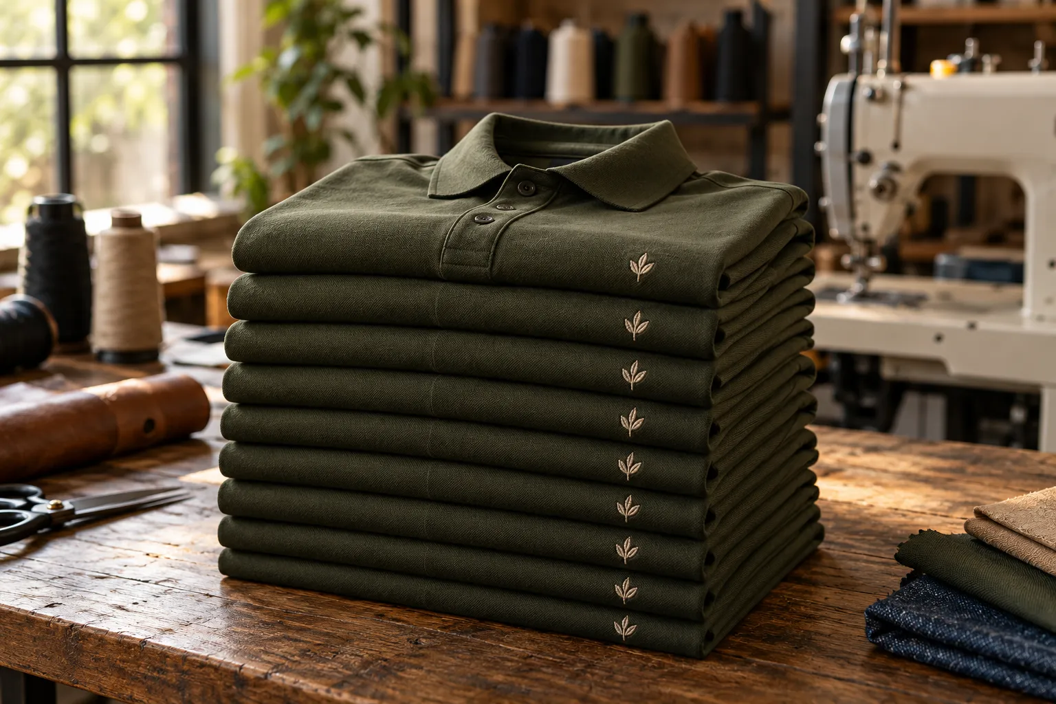 Pilha de camisas polo verde oliva idênticas, dobradas, com bordado no peito